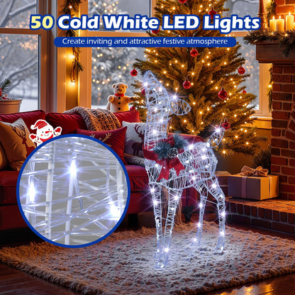 Goflame Christmas Pre-Lit Reindeer | 50 Cold White LED Lights & Red Bow Stakes & Zip Ties Included