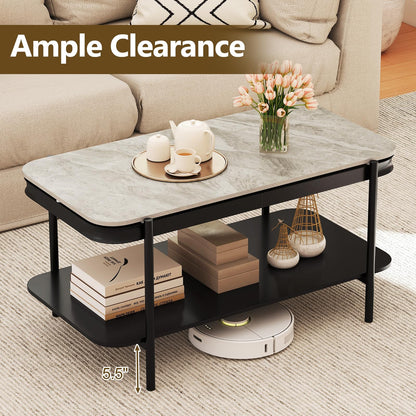 Goflame 2-Tier Coffee Table with Storage Faux Mable Center Table w/Sintered Stone Top