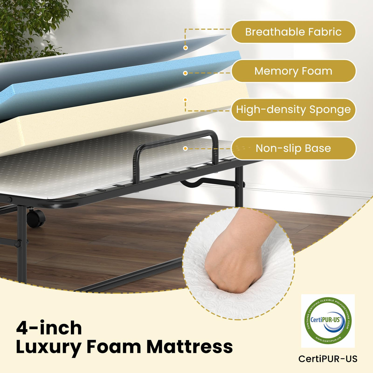 Goflame Twin Folding Bed with Mattress, Roll Away Bed Portable Guest Bed w/Sturdy Metal Frame