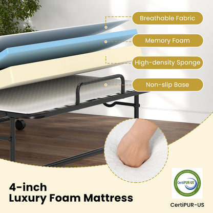 Goflame Twin Folding Bed with Mattress, Roll Away Bed Portable Guest Bed w/Sturdy Metal Frame