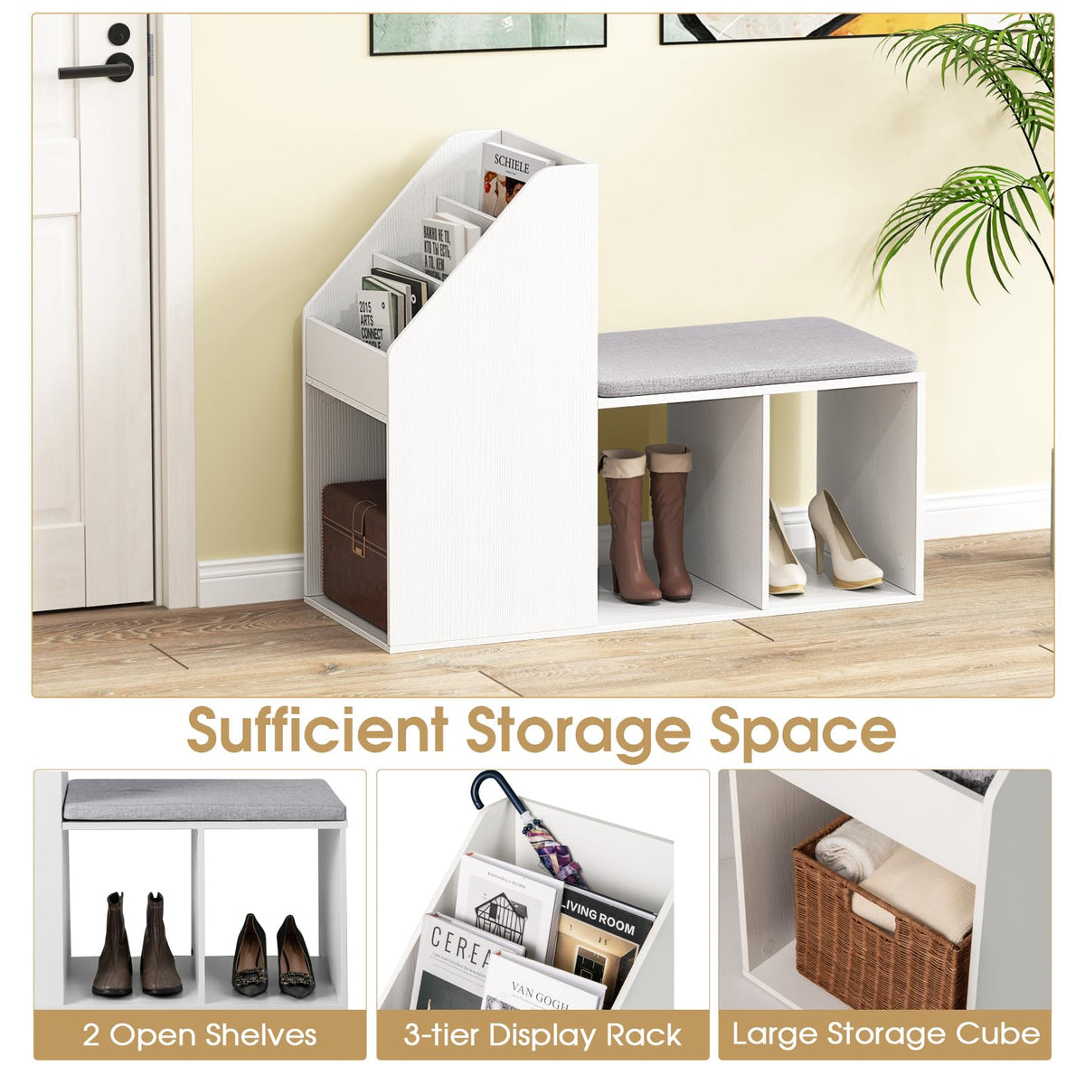 Goflame Shoe Storage Bench, Entryway Bench w/Side Holder & Padded Seat Cushion, 3 Storage Compartments