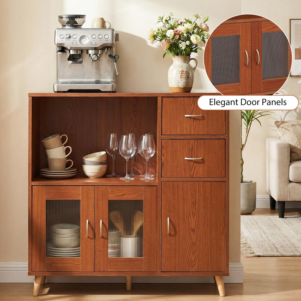 Goflame 36 Inch Sideboard Buffet Cabinet with Open Compartment