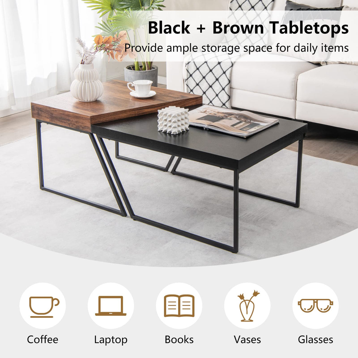 Goflame Stacking Coffee Table Set of 2, Black & Brown Modern Side Table