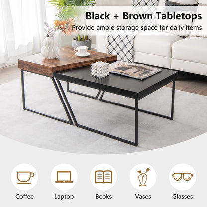 Goflame Stacking Coffee Table Set of 2, Black & Brown Modern Side Table