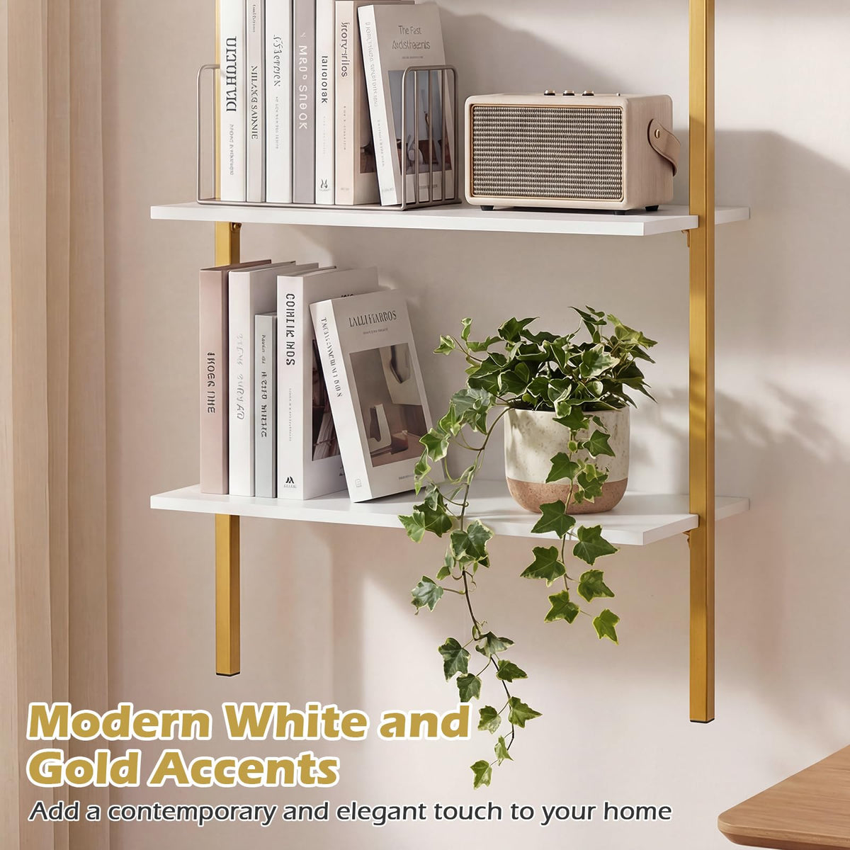 Goflame Ladder Shelf | 3-Tier Wood Wall Mounted Bookshelf with Metal Frame (1/2)