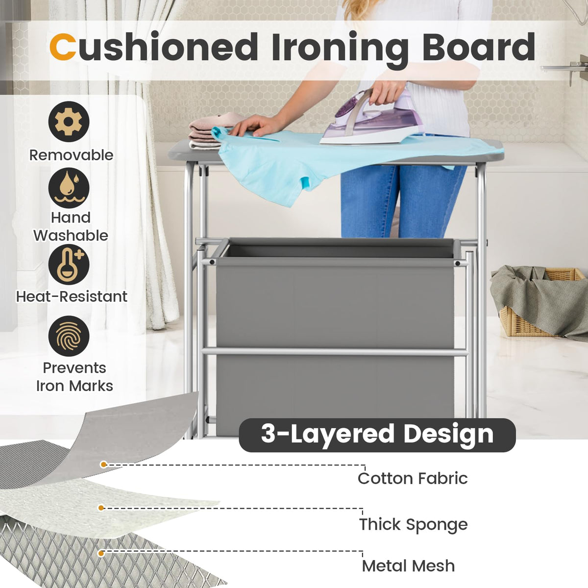 Goflame Laundry Sorter with Foldable Ironing Board 3 Section Tilt Out Laundry Hamper with Removable Bags