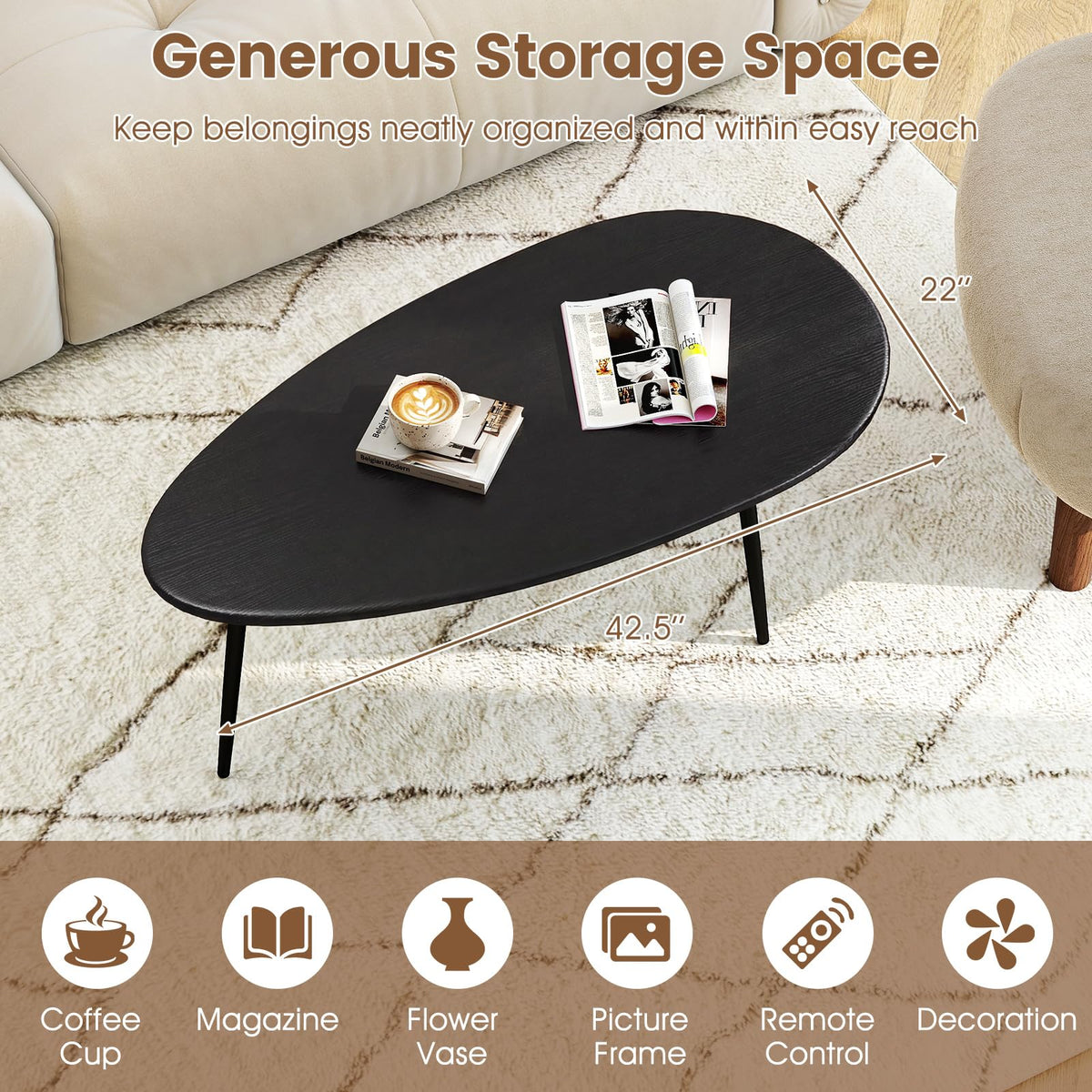 Goflame Oval Coffee Table | Mid Century Modern Center Table with Sturdy Metal Frame and Compact Design