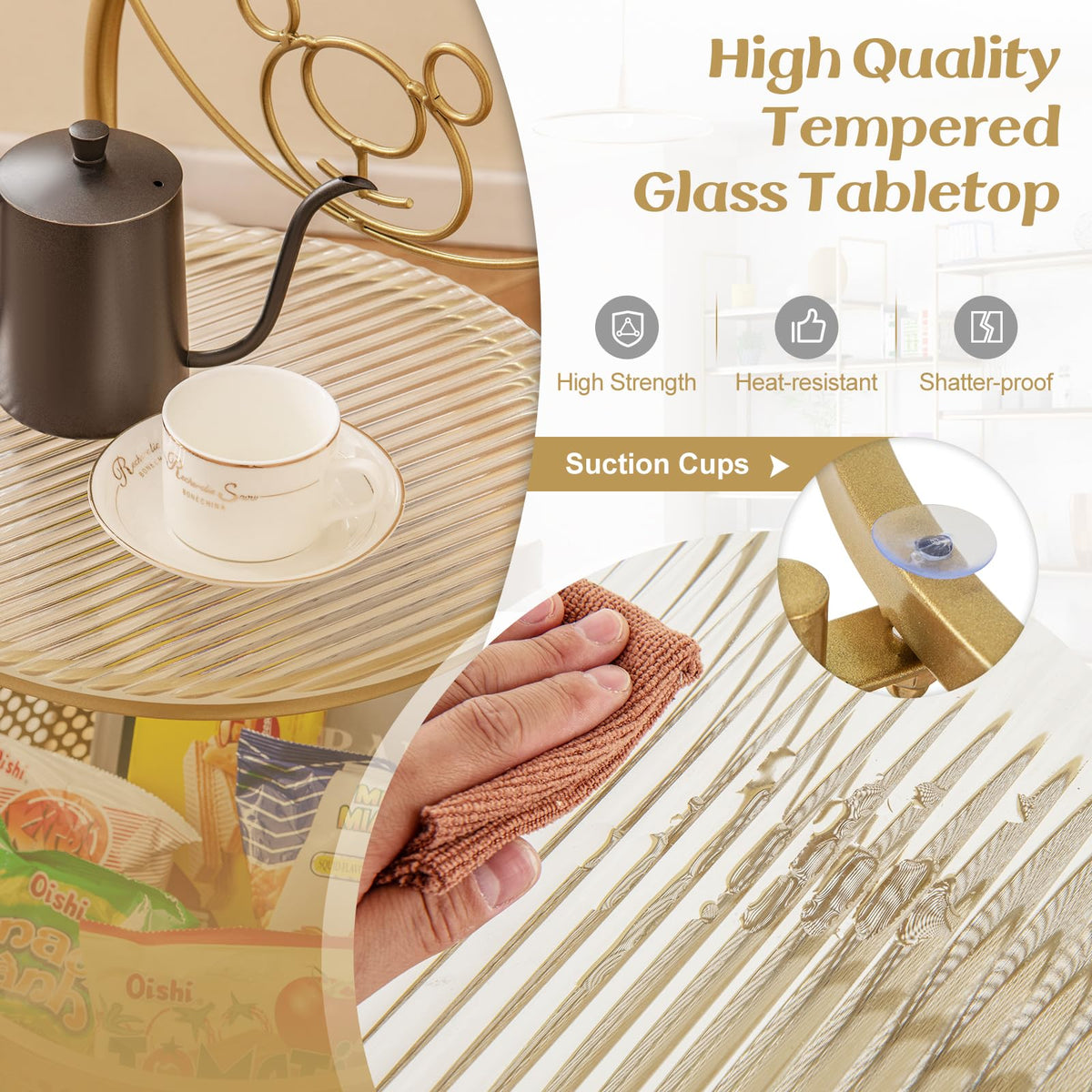 Goflame Mobile Glass Coffee Table, 2-Tier Round End Table with Bear Pattern, Storage Basket, Metal Frame