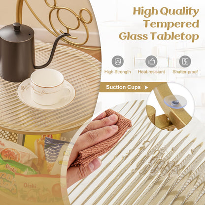 Goflame Mobile Glass Coffee Table, 2-Tier Round End Table with Bear Pattern, Storage Basket, Metal Frame
