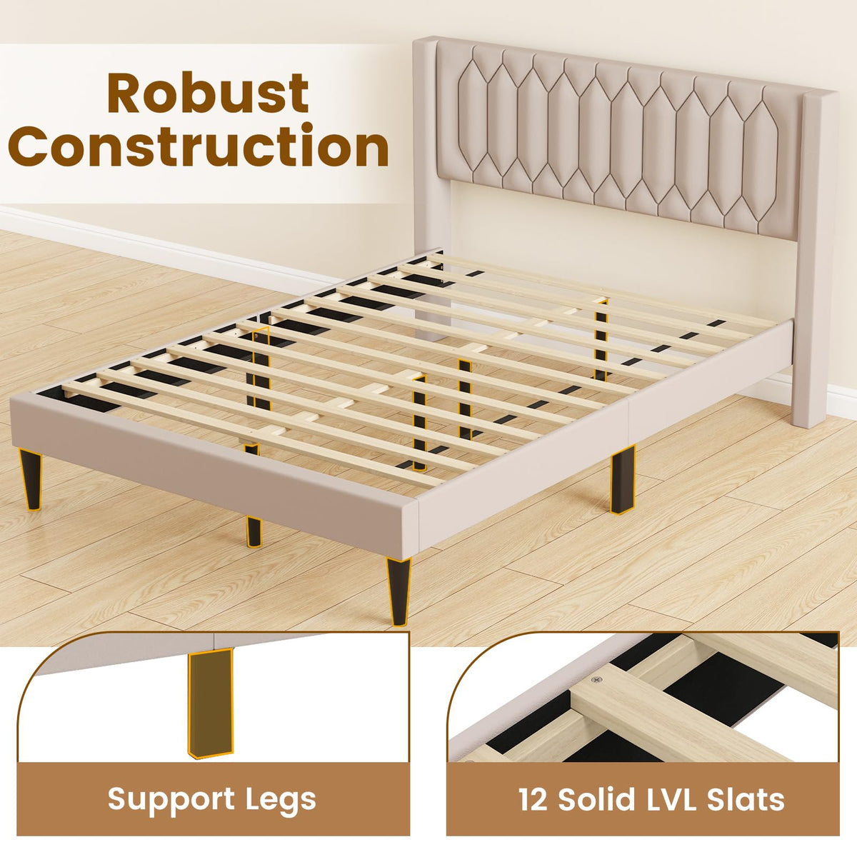 Goflame Queen Size Dutch Velvet/Linen Fabric Upholstered Platform Bed with Wingback Headboard and Wooden Slat Support