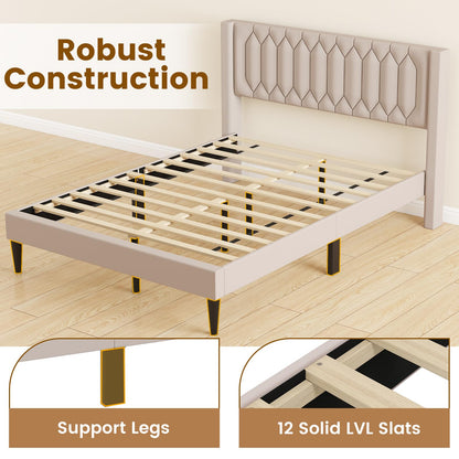 Goflame Queen Size Dutch Velvet/Linen Fabric Upholstered Platform Bed with Wingback Headboard and Wooden Slat Support
