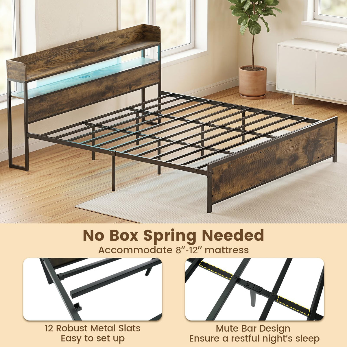Goflame King Size Bed Frame with Storage Headboard