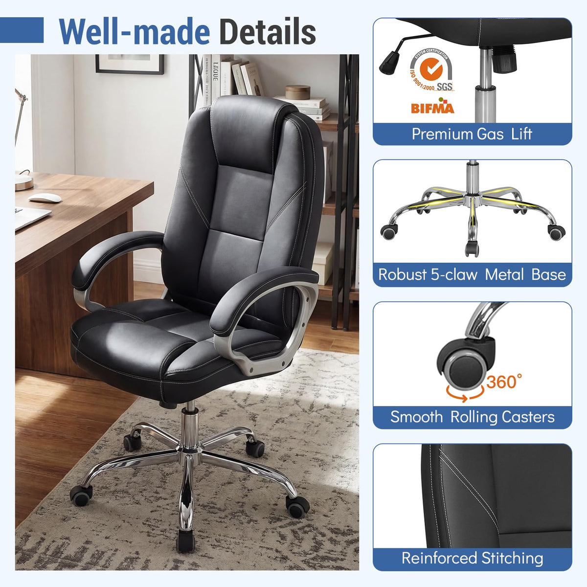 Goflame Leather Office Chair with Padded Armrests & Rocking Backrest
