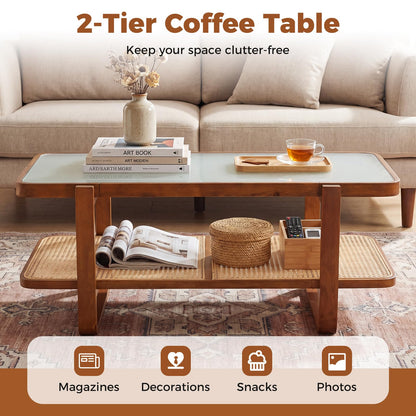 Goflame Rattan Coffee Table | 41.5" Farmhouse Center Table with Storage & Frosted Tempered Glass