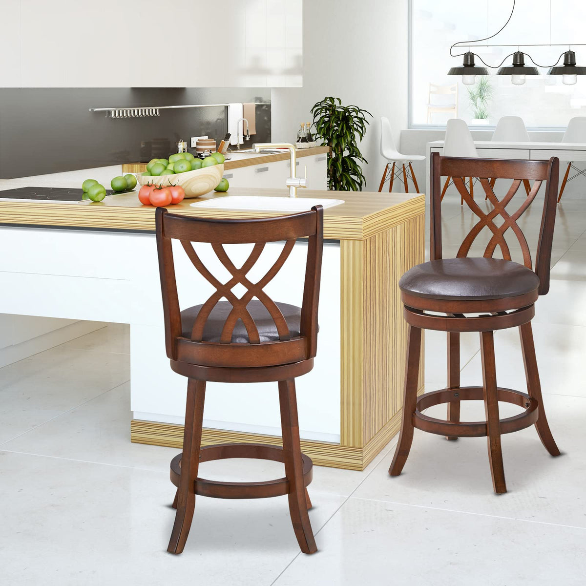 Goflame Brown Bar Stools PU Leather Cushioned Seat and Footrests, for Kitchen Island