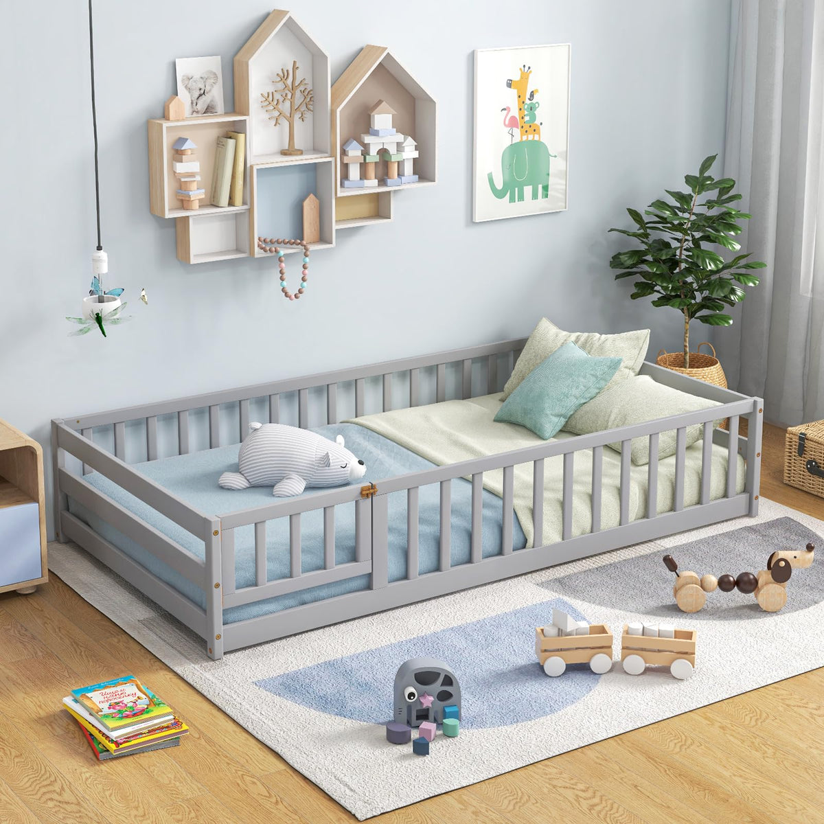 Goflame Twin Floor Bed with Door & Fence, Kids Wood Montessori Bed with Safety Guardrails