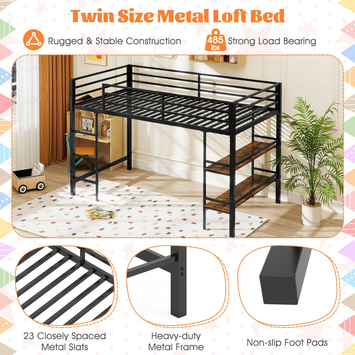Goflame Low Loft Bed Twin Size Heavy Duty Metal Frame w/Storage Shelves