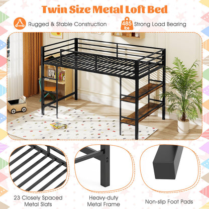 Goflame Low Loft Bed Twin Size Heavy Duty Metal Frame w/Storage Shelves