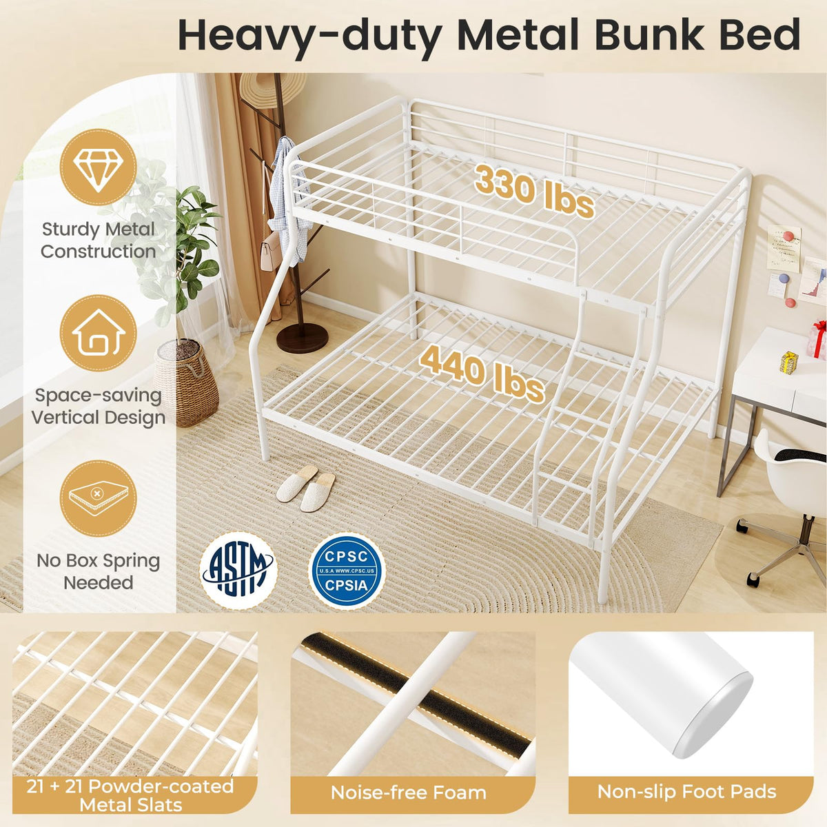 Goflame Metal Bunk Beds Twin Over Full Size, Heavy Duty Bunk Bed for Teens Adults with Ladder & Guardrails