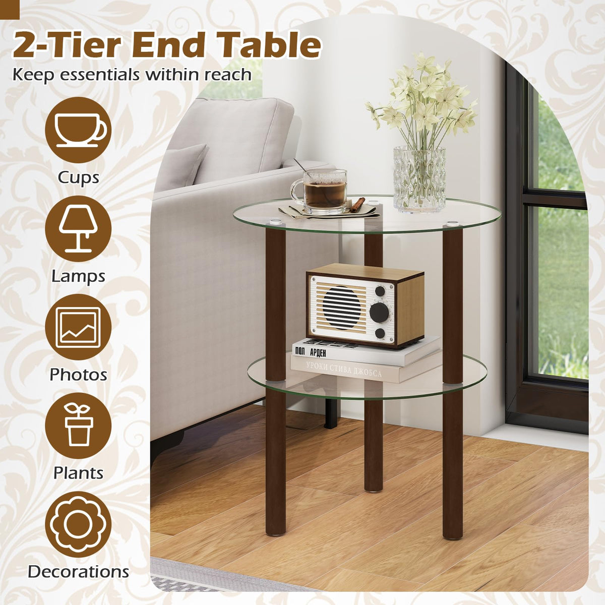 Goflame Round/Square 2-Tier Sofa Side Table with Clear Tempered Glass Top & Shelf (1/2)