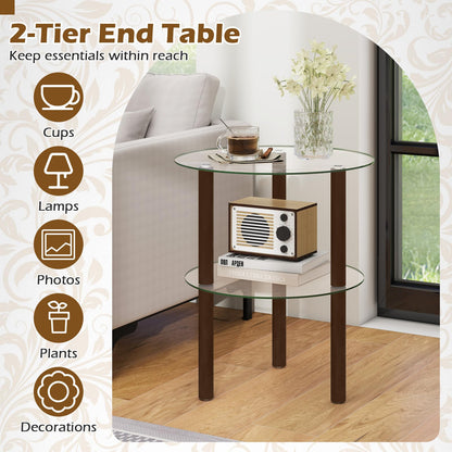 Goflame Round/Square 2-Tier Sofa Side Table with Clear Tempered Glass Top & Shelf (1/2)