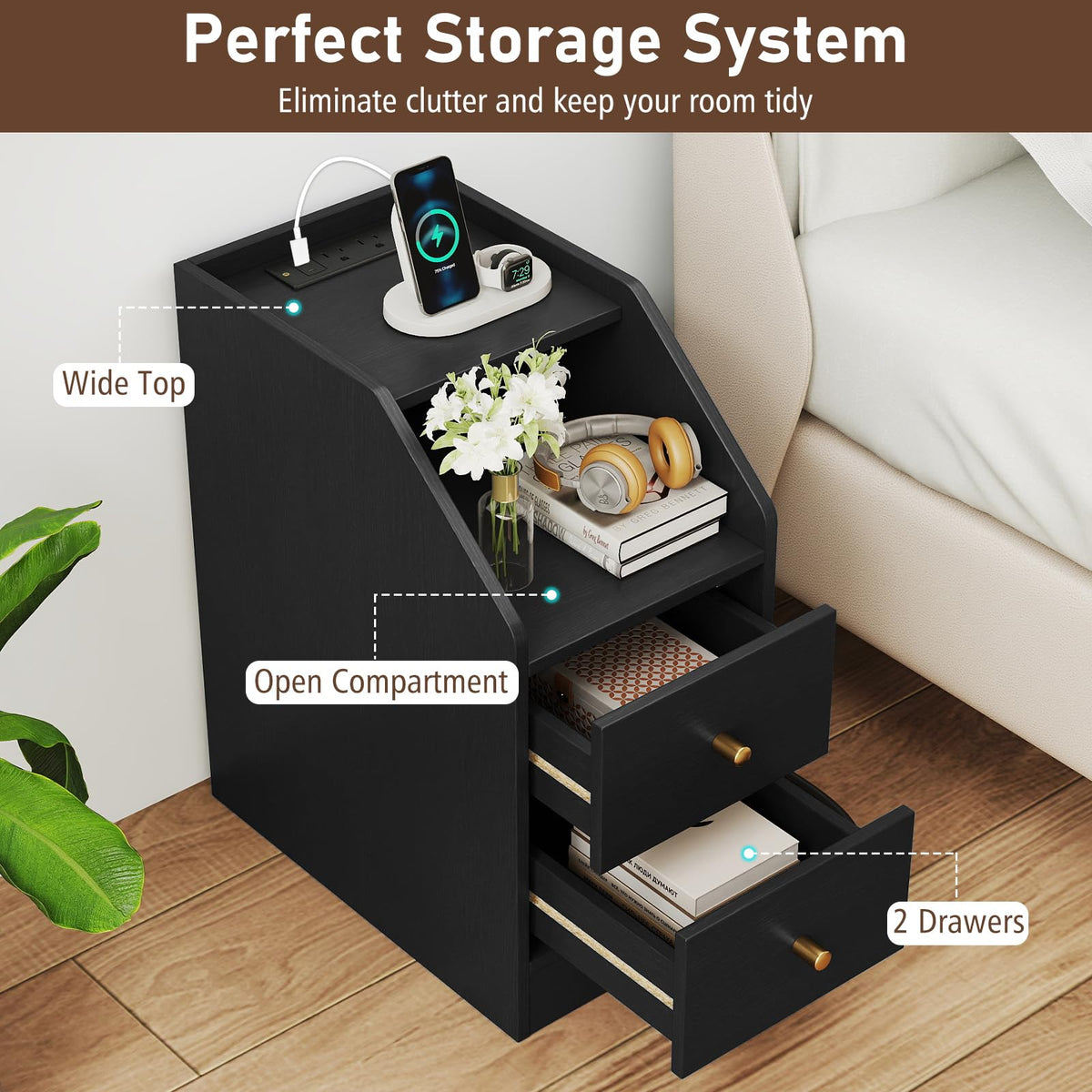 Goflame Side End Table with Charging Station Sofa Couch Table with Shelf Drawers