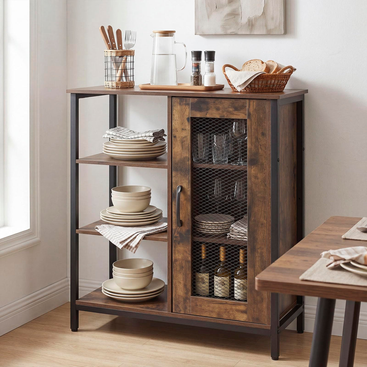 Goflame Industrial Side Cabinet with Metal Mesh Door and 3 Open Shelves