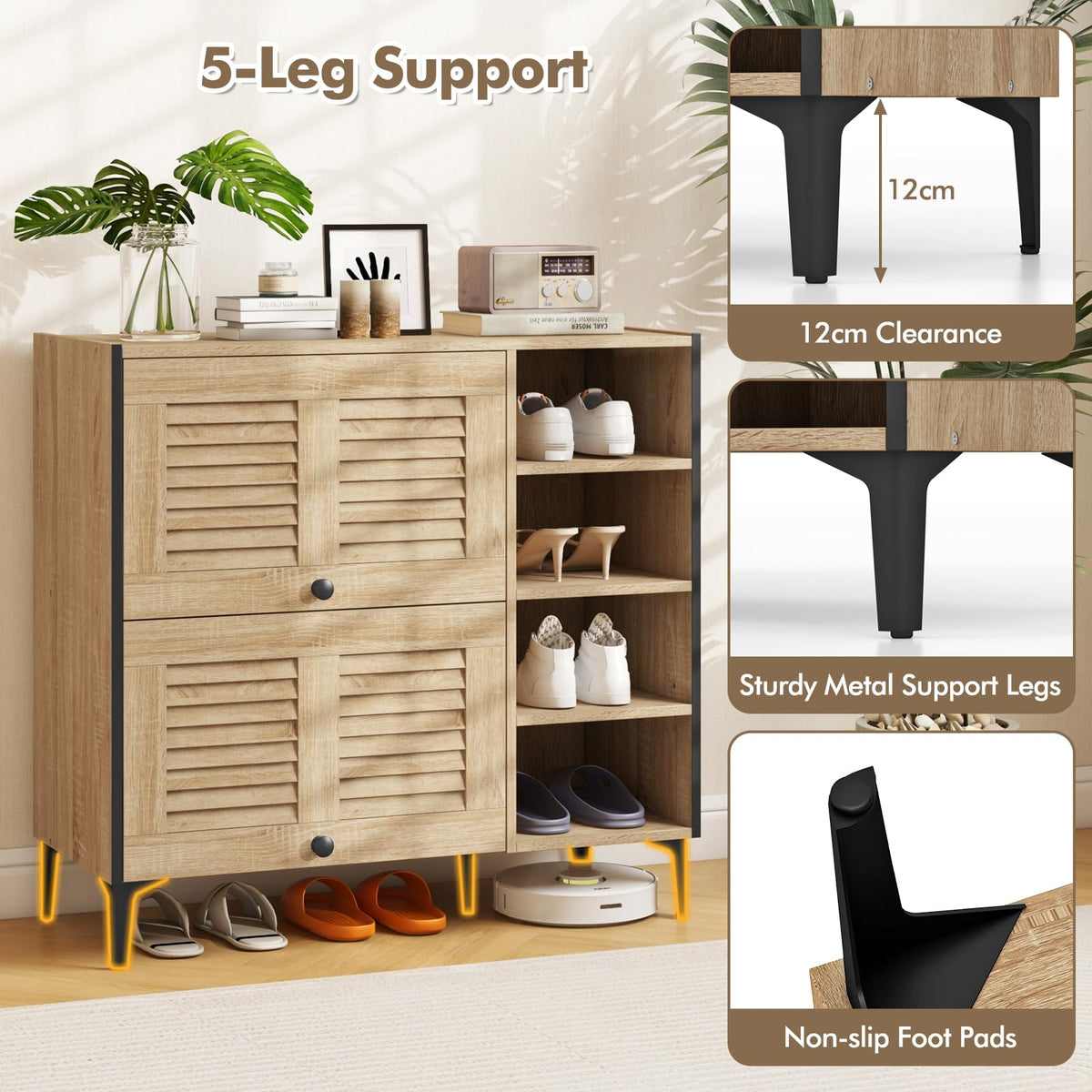 Goflame Shoe Cabinet with Flip & Slide Doors, Shoe Storage Cabinet with Adjustable Cube Shelves(Louvered Doors)