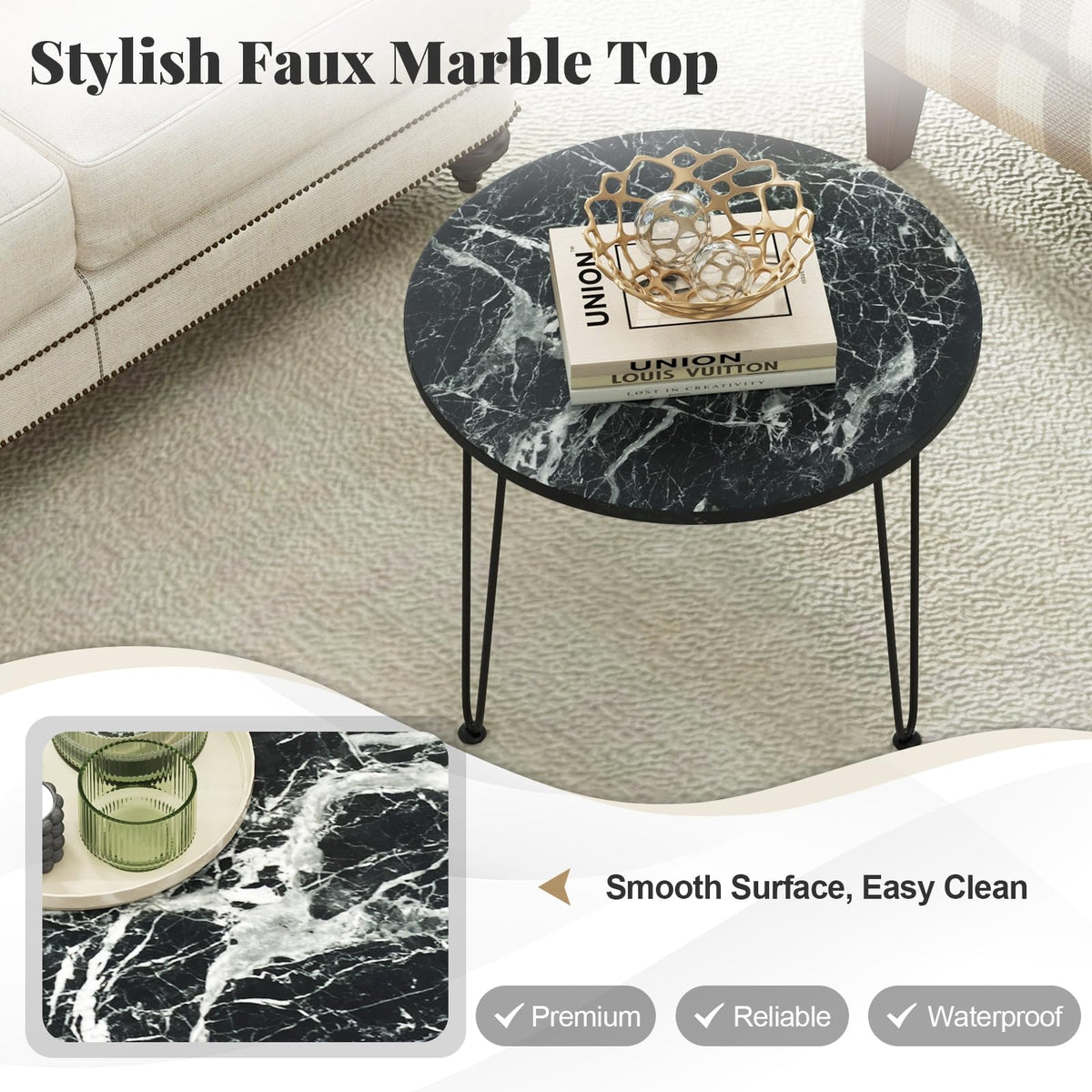 Goflame Round Coffee Table, Faux Marble Center Table with Metal Legs, Sofa Accent Side Table