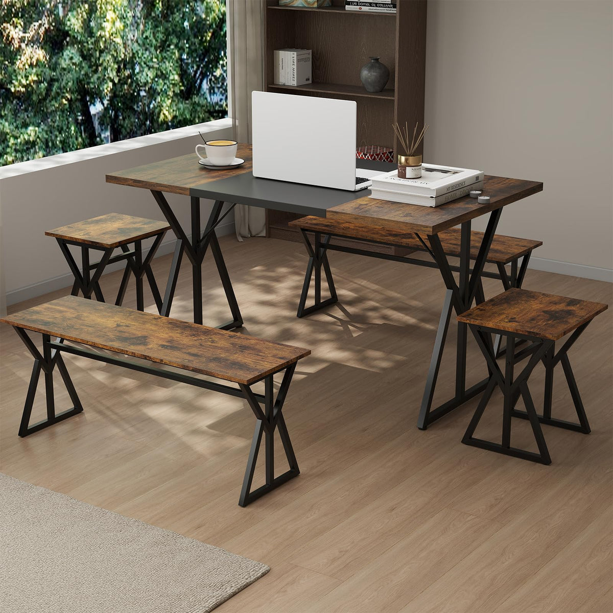 Goflame 55" Kitchen Table with 2 Benches & 2 Stools with X-Shaped Metal Frame