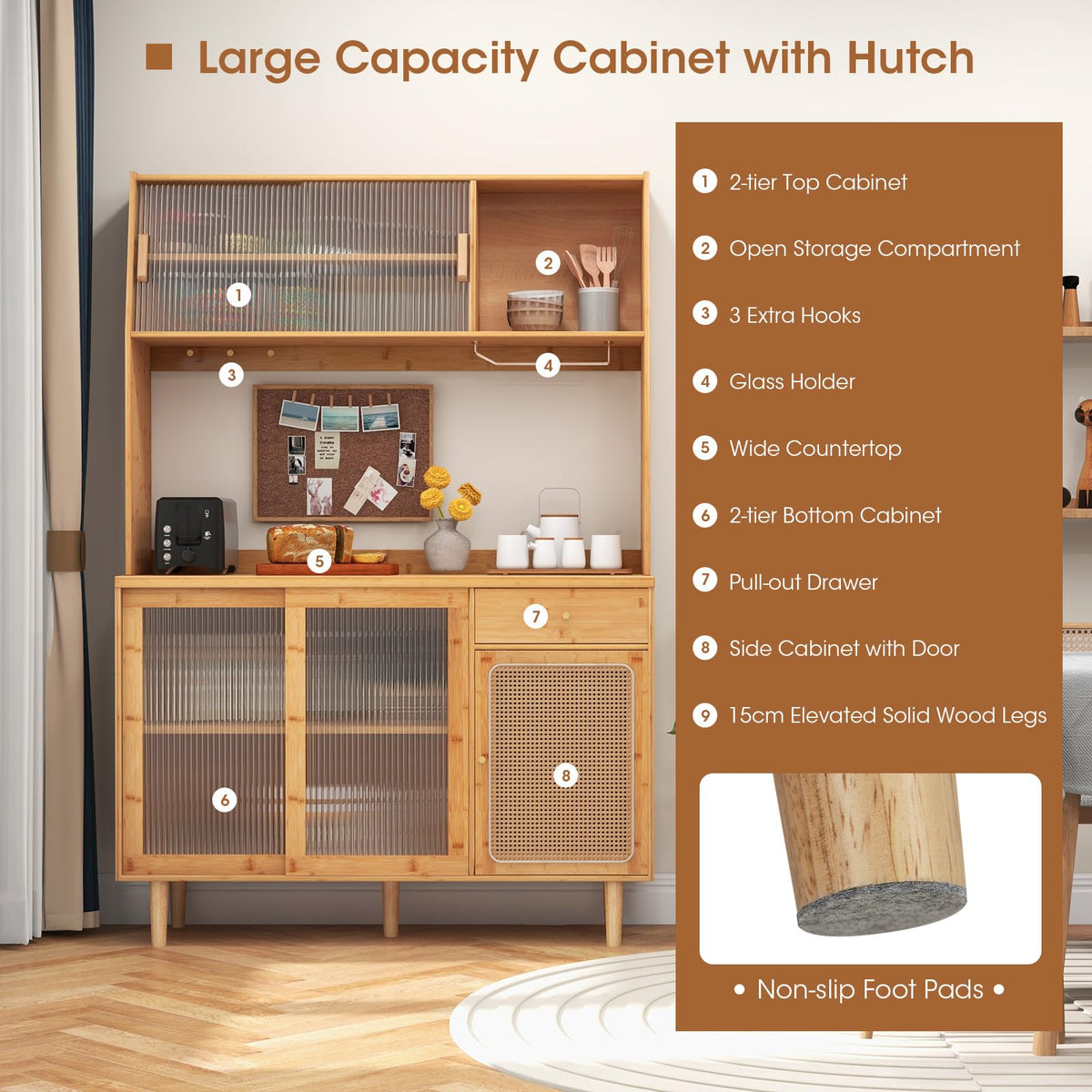 Goflame Pantry Cabinet 69" Bamboo Hutch Cabinet with Storage