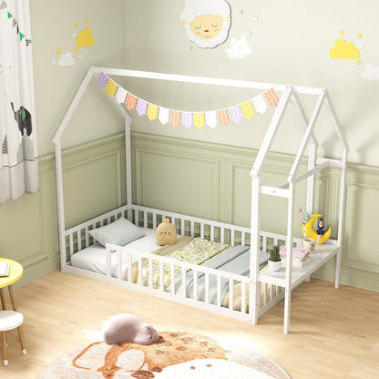 Goflame Twin House Floor Bed, Solid Wood Montessori Floor Bed with Detachable Storage Shelf & Clothes Hanger