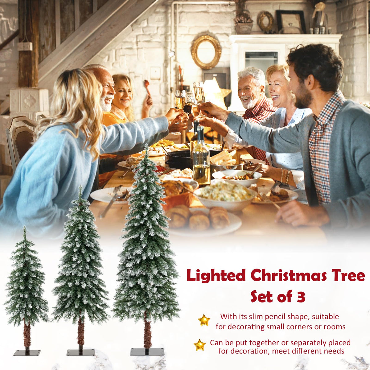 Goflame 3' 4' 5' Pre-Lit Artificial Christmas Tree Set, Slim Pencil Xmas Trees with Snowy Leaves