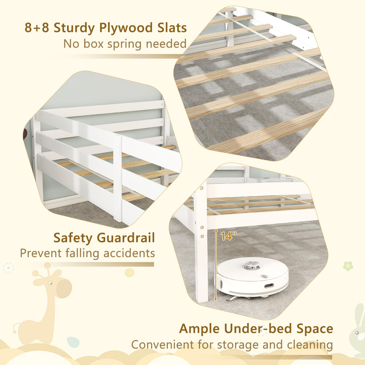 Goflame Double Twin Bed Frames for Kids, Wood House Shaped Platform with Built-in Nightstand & USB Port
