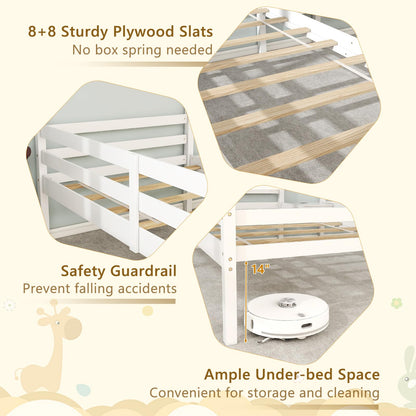 Goflame Double Twin Bed Frames for Kids, Wood House Shaped Platform with Built-in Nightstand & USB Port