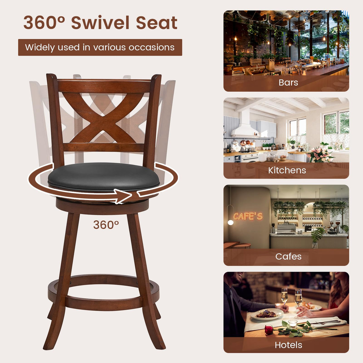 Goflame Swivel Bar Stools Set of 2, Farmhouse Wooden Barstools with Back