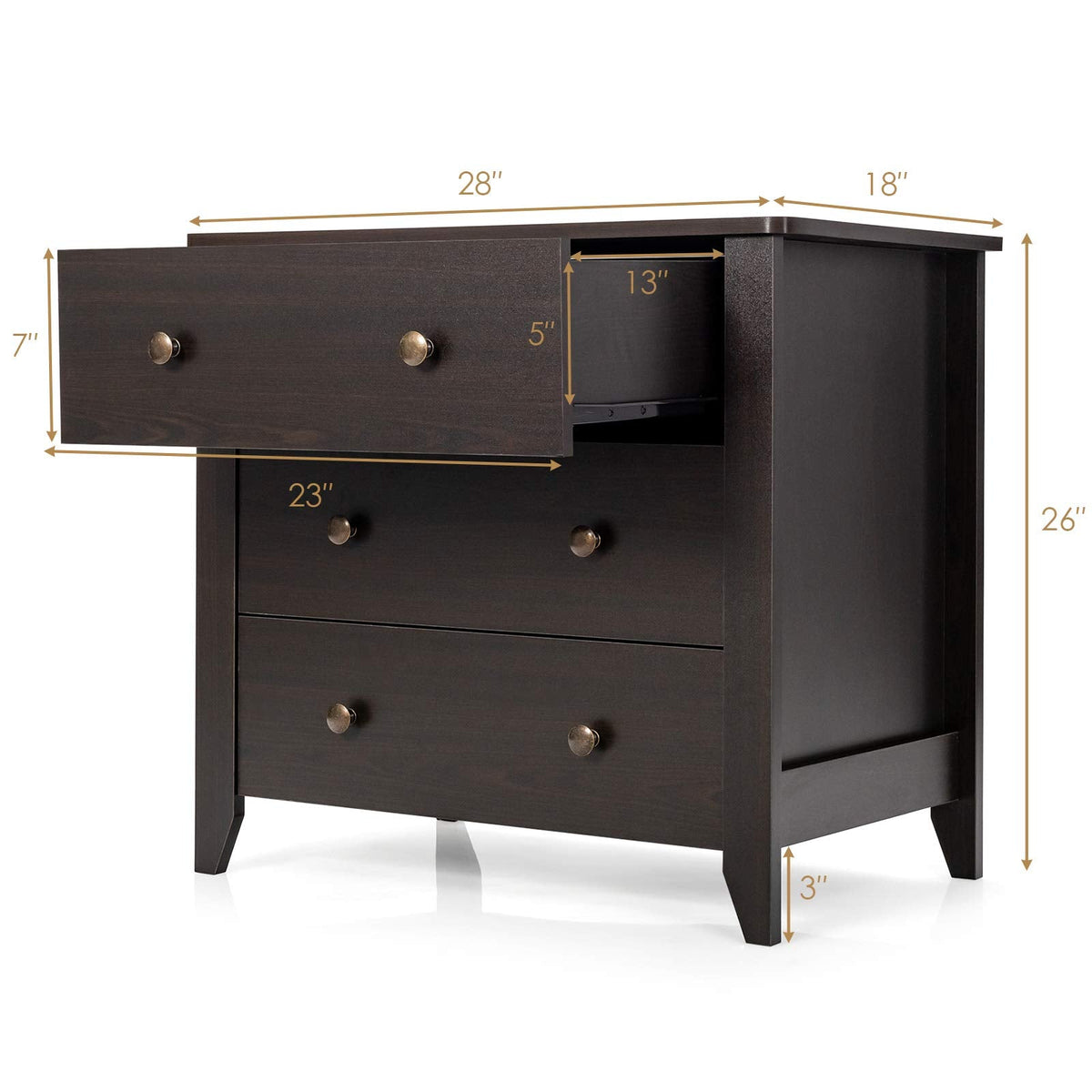 Goflame Modern Simple Dresser 3-Drawers Chest with Solid Curved Legs