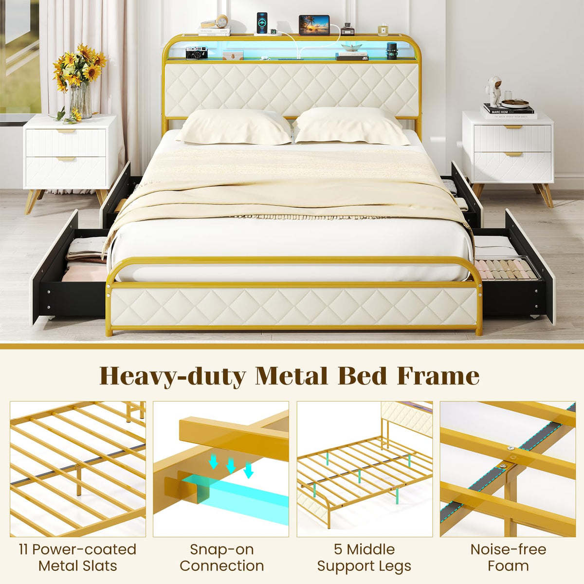 Goflame Queen/Full/Twin Size Bed Frame with 4 Storage Drawers and Charging Station