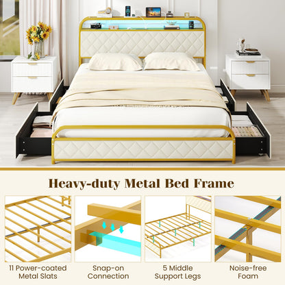 Goflame Queen/Full/Twin Size Bed Frame with 4 Storage Drawers and Charging Station