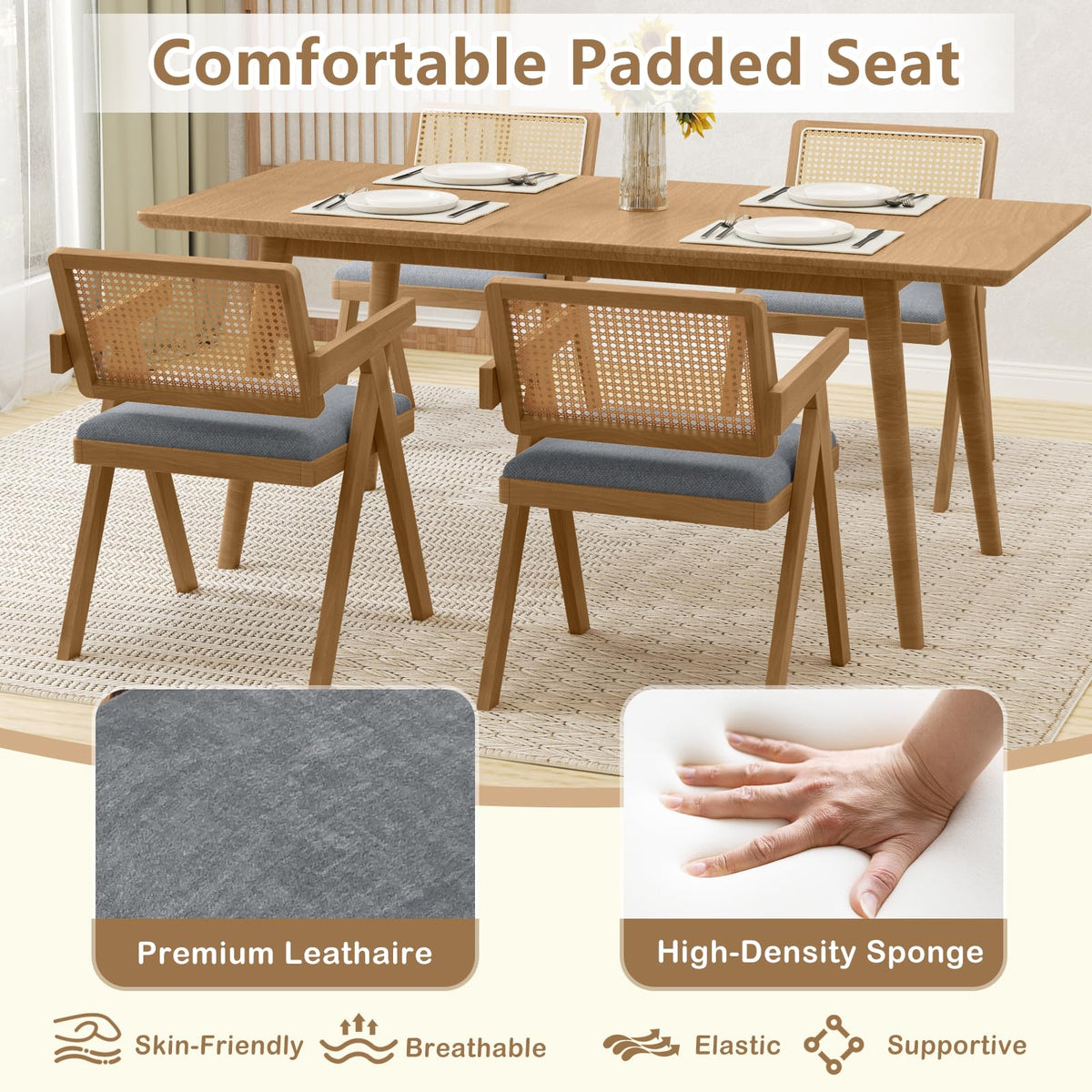 Goflame Rattan Dining Chairs, Leathaire Kitchen Chairs w/Armrests & Padded Cushion