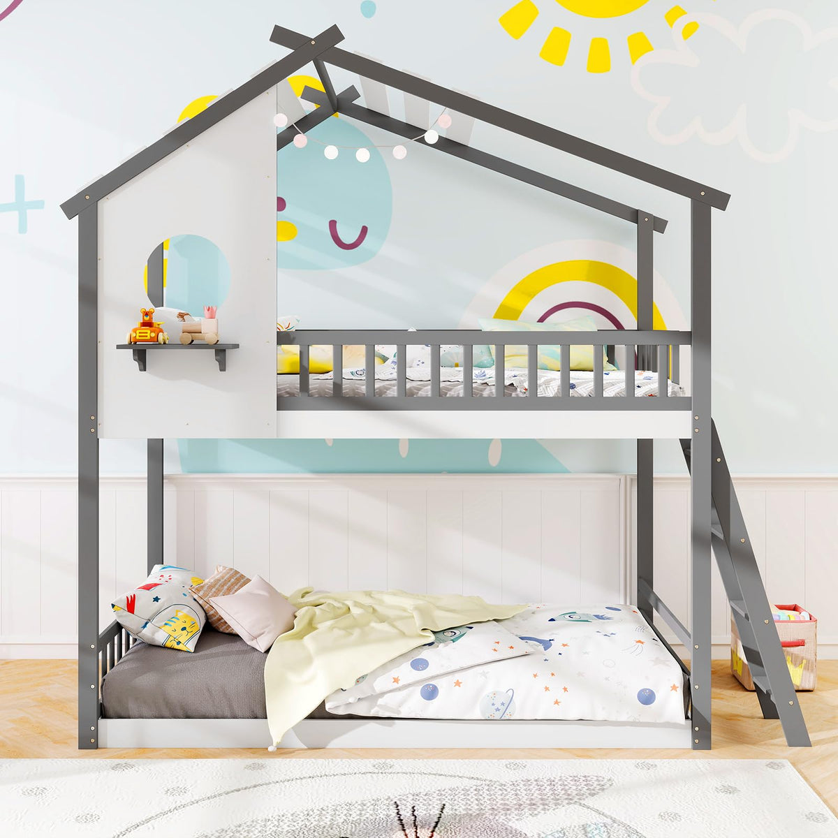 Goflame Solid Wood Floor Bunk Bed with Ladder and Full-Length Guardrails