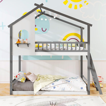 Goflame Solid Wood Floor Bunk Bed with Ladder and Full-Length Guardrails