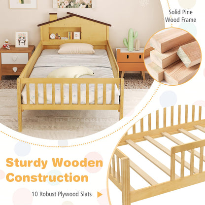 Goflame Twin Bed Frames for Kids, Solid Wood Montessori Bed with House-Shaped Headboard & Built-in Storage Shelf