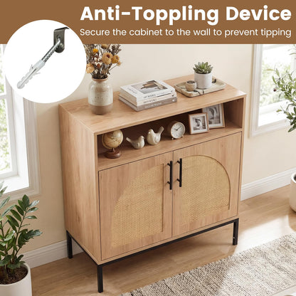 Goflame 32" Sideboard Buffet Cabinet with 2 Natural Rattan Decorated Doors (1/2)