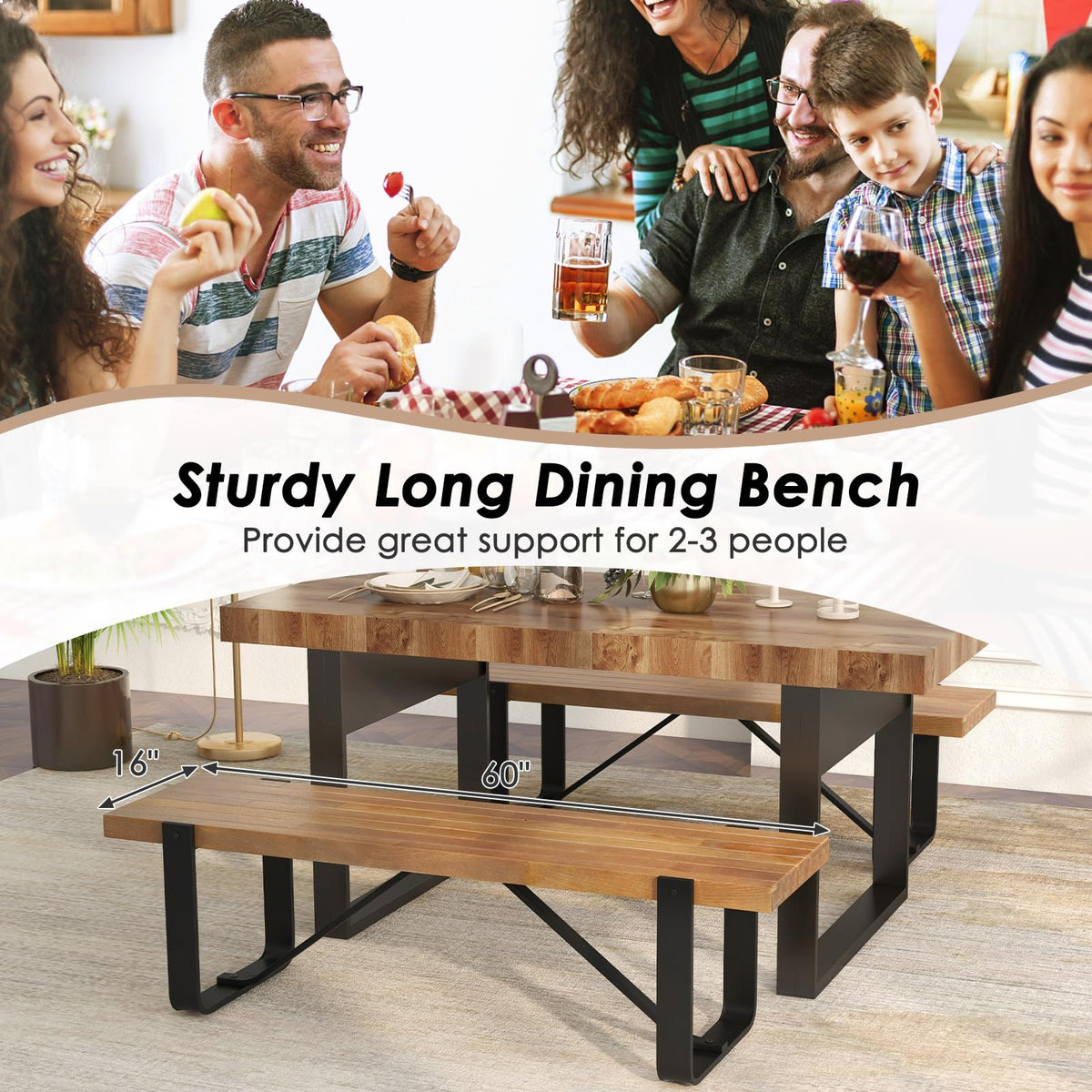 Goflame Dining Bench, 60 Inch Entryway Shoe Rack Bench, Long Kitchen Bench with Metal Frame