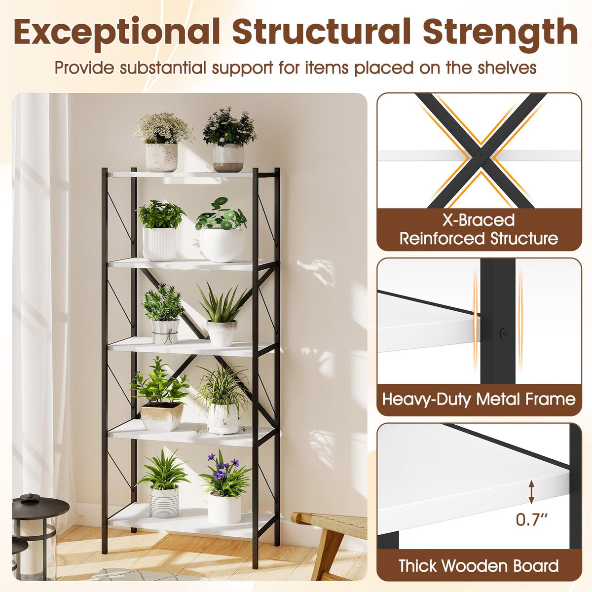 Goflame 5-Tier Tall Industrial Bookcase with Heavy-Duty Metal Frame (1/2)