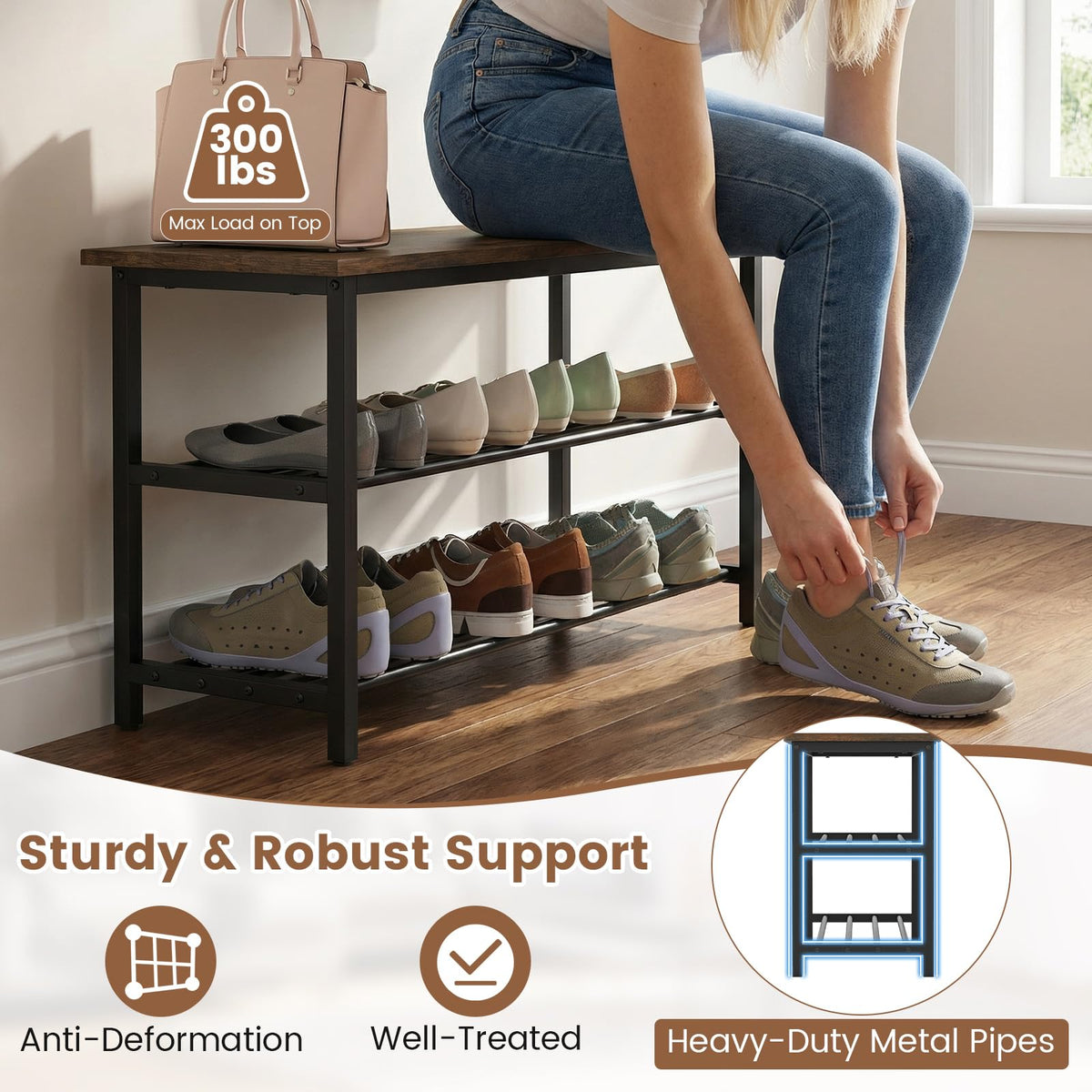 Goflame 3-Tier Shoe Bench 32" L Shoe Organizer Storage Bench with Metal Slat Shelves & Seat