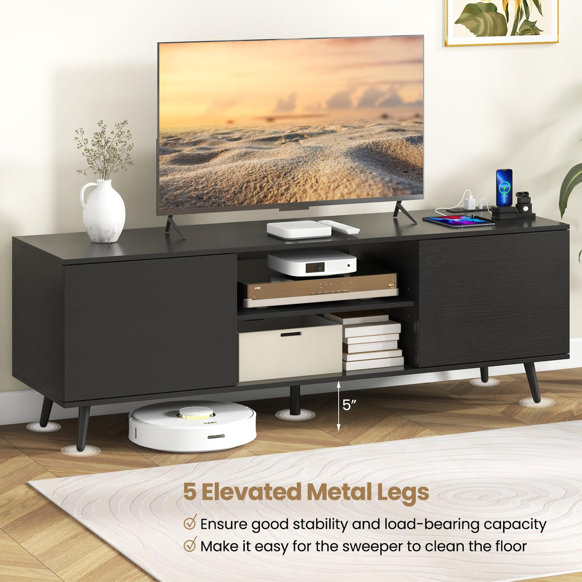 Goflame TV Stand with Power Outlet for TVs up to 60'', Entertainment Center with Cable Hole, Cabinets