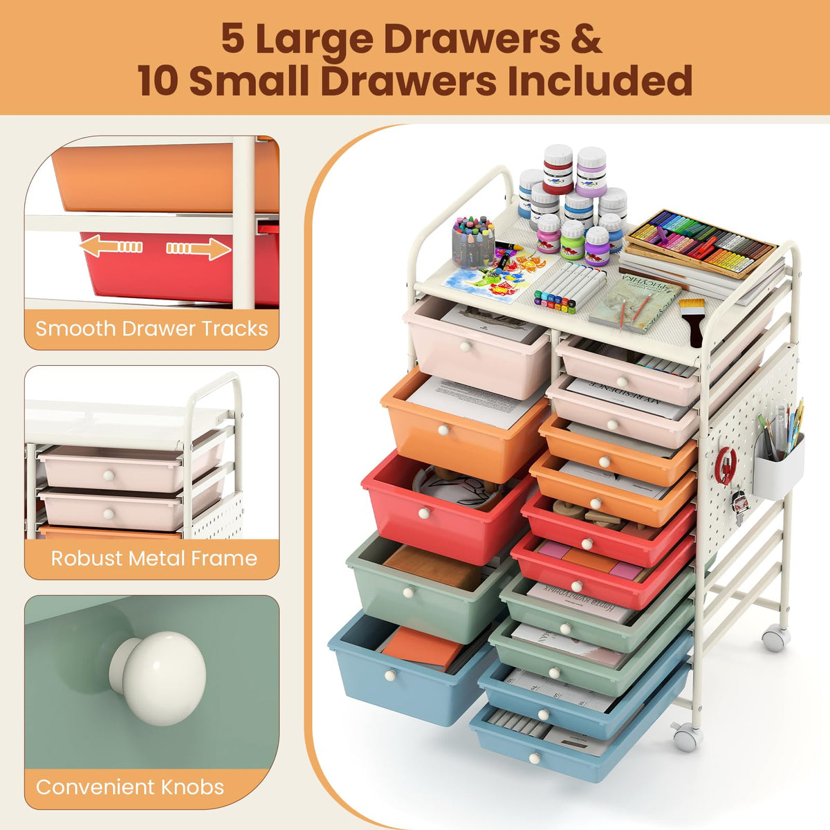Goflame 15 Drawer Storage Cart | Rolling Craft Cart with Metal Tabletop & Pegboard