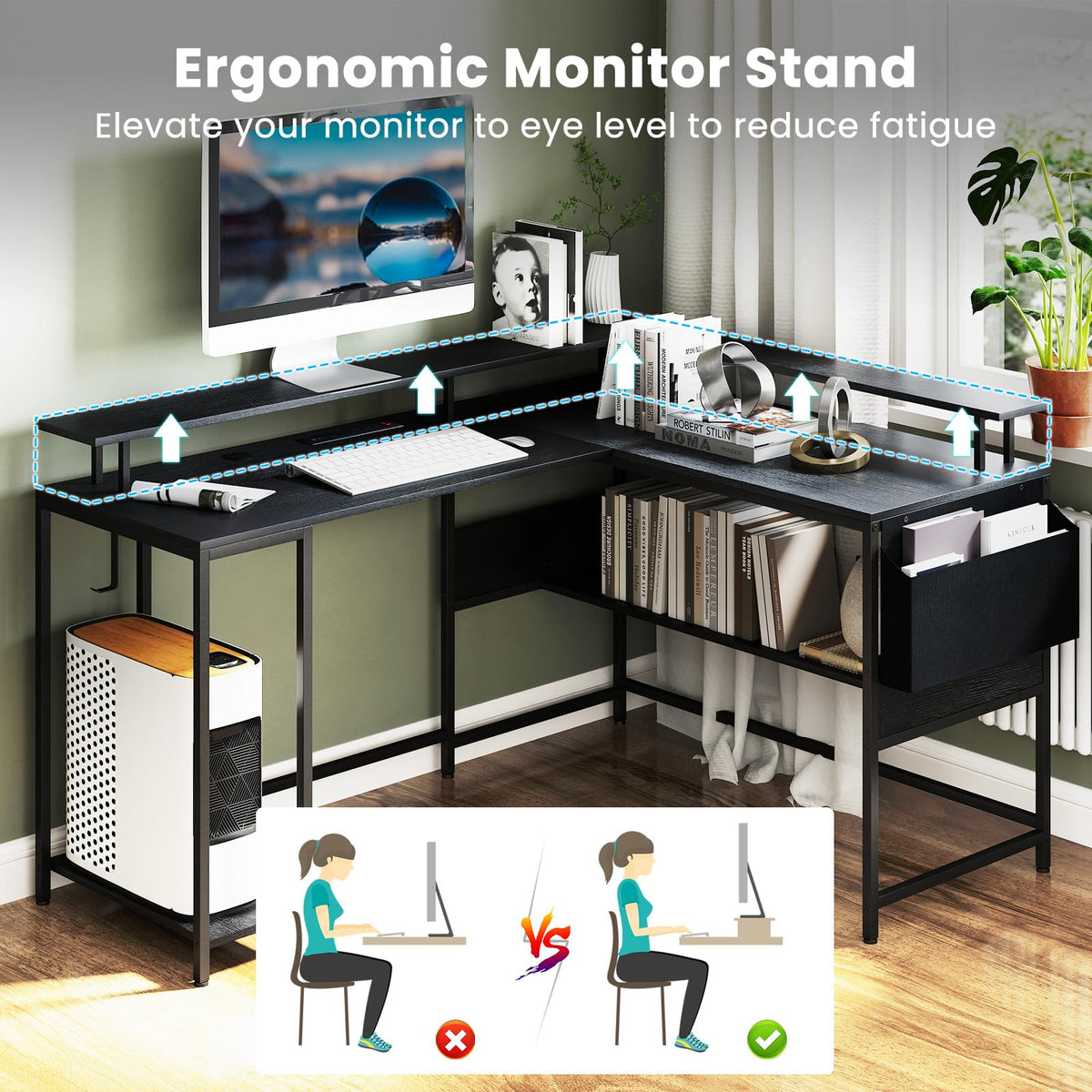 Goflame L Shaped Desk with LED Light & Power Outlets Ergonomic Home Office Desk
